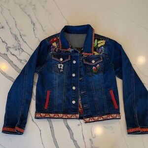 Embroidered Dark Blue Denim Jacket with Floral Accents